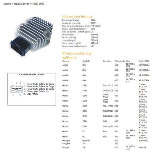 VOLTAGE REGULATOR APRILIA RXV/SXS 550 RXV/SXS 450 HONDA PC800