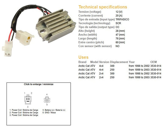VOLTAGE REGULATOR ARCTIC CAT 300 98-03 ARCTIC CAT 250 98-03 (3530-014)