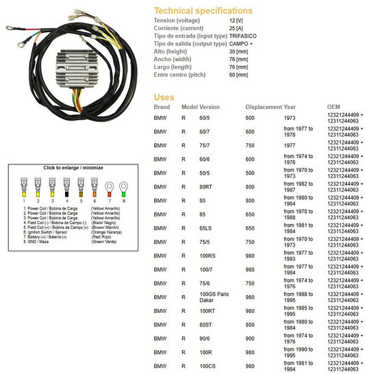 VOLTAGE REGULATOR BMW R 100 74-88 R 90 74-88 R 80 74-88 R 75 74-88 R 65 74-88 R 60 74-88 MOTO GUZZI 1000 75-95 850 75-95 750 75-95 650 75-95 (12321244409, 12311244063) (ESR450)