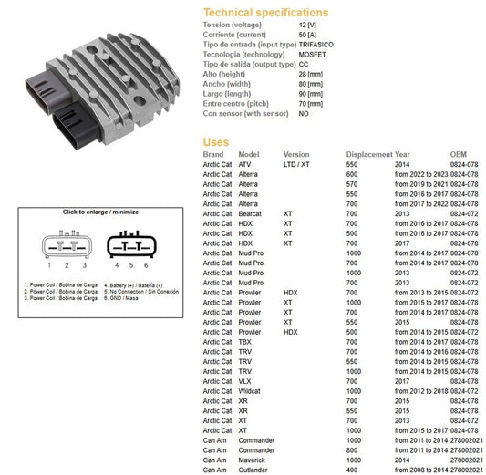 VOLTAGE REGULATOR CAN-AM 1000/800/650/500/400 HONDA TRX 680/650/500 KAWASAKI KVF 750 12-13 POLARIS 900/800/570/550/500/400 ARCTIC CAT 1000/700/570/550 (50A) (ESR592)
