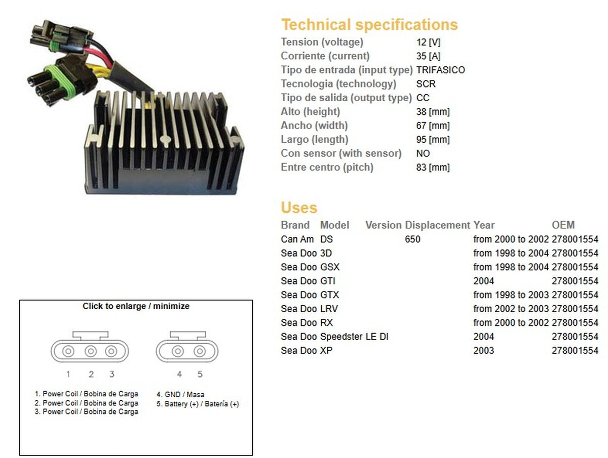 VOLTAGE REGULATOR CAN-AM DS 650 00-02 SEA DOO 3D/GSX/GTX/RX/XP/LRV 98-04 (OEM 278001554) (35A)