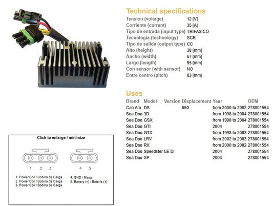 VOLTAGE REGULATOR CAN-AM DS 650 00-02 SEA DOO 3D/GSX/GTX/RX/XP/LRV 98-04 (OEM 278001554) (35A)