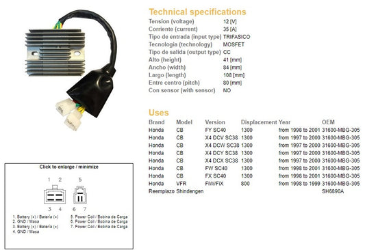 VOLTAGE REGULATOR HONDA CB 1300 97-01 VFR 800 98-99 VFR800 98-99 (SC38, SC40) (31600-MBG-305) (SH6890A)