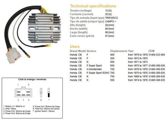 VOLTAGE REGULATOR HONDA CB 750KF/A/K 69-78 CB 550F/K 74-78 CB 500K 71-73 CB 400F 76-78 CB 350F 72-75 (ESR240)