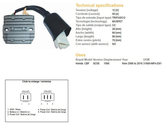VOLTAGE REGULATOR HONDA CBF1000 06-10 (SC58) (31600-MFA-D01) MOSFET (50A)