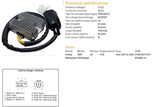 VOLTAGE REGULATOR HONDA CBR 1100XX 01-03 (SH689A-12) (31600-MAT-D51) (ESR685)
