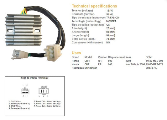 VOLTAGE REGULATOR HONDA CBR 600RR 03-06 (SH678-FA) (31600-MEE-872)