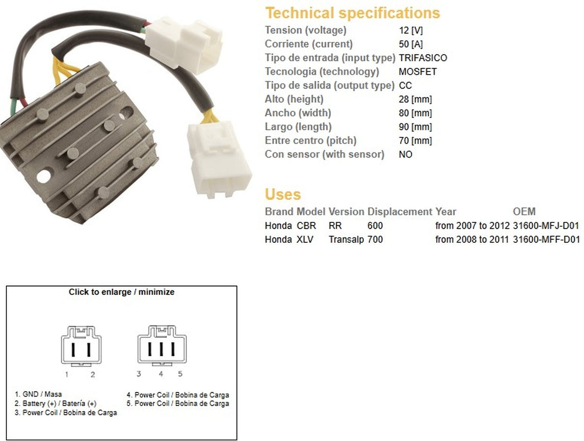 VOLTAGE REGULATOR HONDA CBR 600RR 07-12 XL 700V TRANSALP 08-11 (50A) (31600-MFJ-D01)
