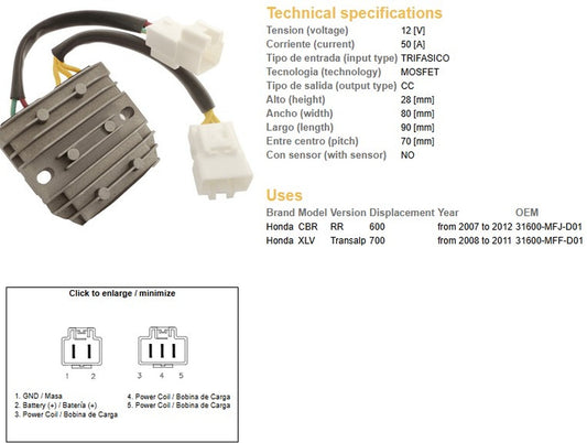 VOLTAGE REGULATOR HONDA CBR 600RR 07-12 XL 700V TRANSALP 08-11 (50A) (31600-MFJ-D01)