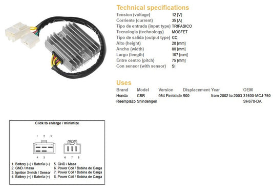 VOLTAGE REGULATOR HONDA CBR 900RR 02-03 (CBR954) (ESR690) (31600-MCJ-750) (SH678DA) (35A)