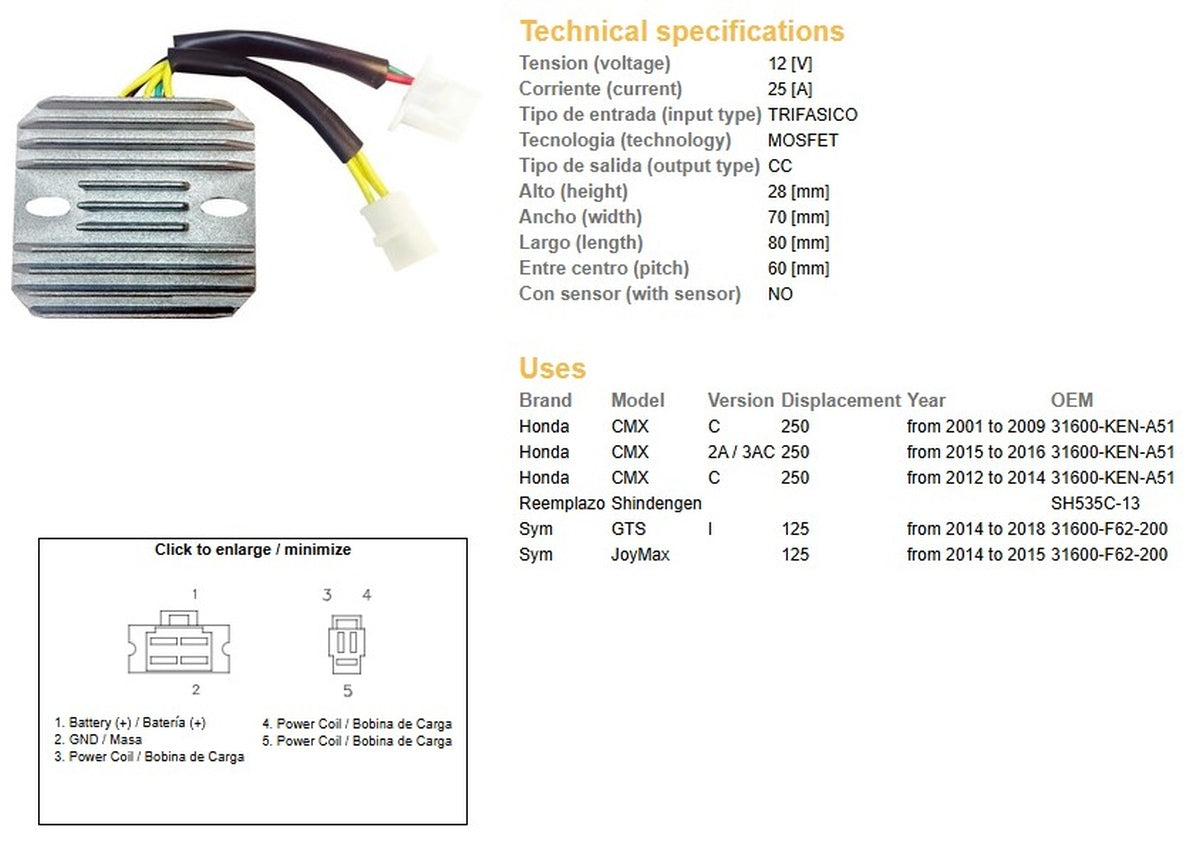 VOLTAGE REGULATOR HONDA CMX 250 01-14 (31600-KEN-A51) (SH535C-13) (ESR181)