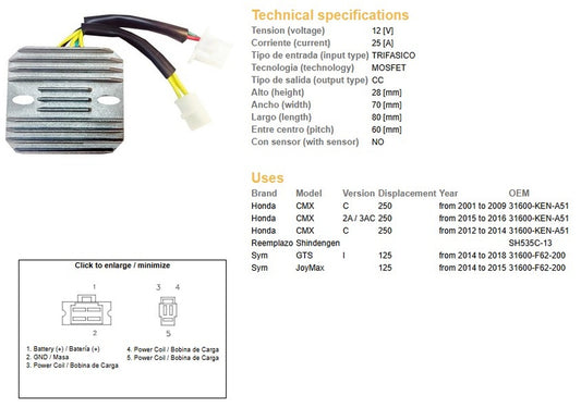 VOLTAGE REGULATOR HONDA CMX 250 01-14 (31600-KEN-A51) (SH535C-13) (ESR181)