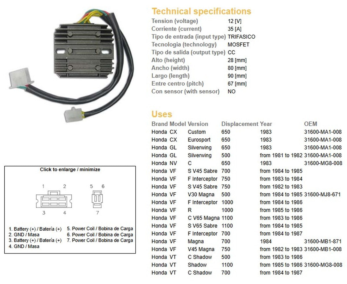 VOLTAGE REGULATOR HONDA VF 1100R/F/C 84-86 VF 1000R/F/C 84-86 VF 750F/S/C 84-85 VF 700S 84-85 CX 650 83 GL 650 83 (ESR650)