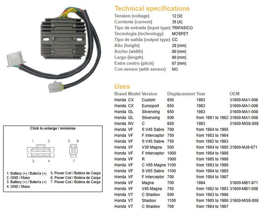 VOLTAGE REGULATOR HONDA VF 1100R/F/C 84-86 VF 1000R/F/C 84-86 VF 750F/S/C 84-85 VF 700S 84-85 CX 650 83 GL 650 83 (ESR650)