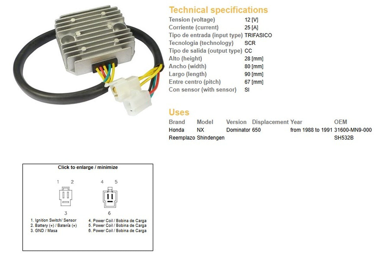 VOLTAGE REGULATOR HONDA NX 650 DOMINATOR 88-91 (SH532B) (31600-MN9-000)