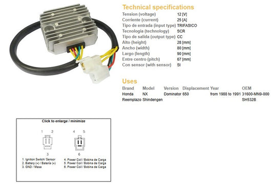 VOLTAGE REGULATOR HONDA NX 650 DOMINATOR 88-91 (SH532B) (31600-MN9-000)