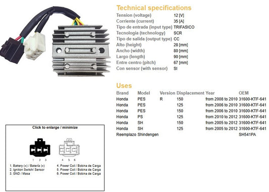 VOLTAGE REGULATOR HONDA SH 150 05-12 SH 125 05-12 (35A) (31600-KTF-641) (SH541PA) (ESR910)