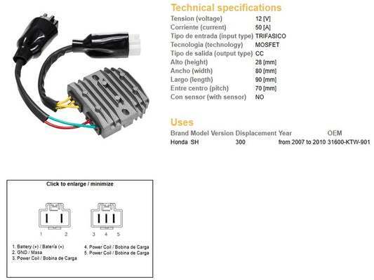 VOLTAGE REGULATOR HONDA SH 300 07-10 (OEM 31600-KTW-901) MOSFET (50A)