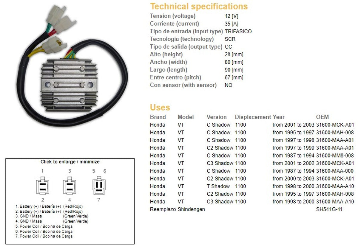 VOLTAGE REGULATOR HONDA VT1100C/C2/C3 SHADOW 87-03 (35A) (31600-MAH-008) (ESR120) (SH541G-11)