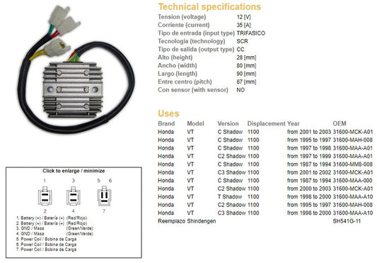VOLTAGE REGULATOR HONDA VT1100C/C2/C3 SHADOW 87-03 (35A) (31600-MAH-008) (ESR120) (SH541G-11)