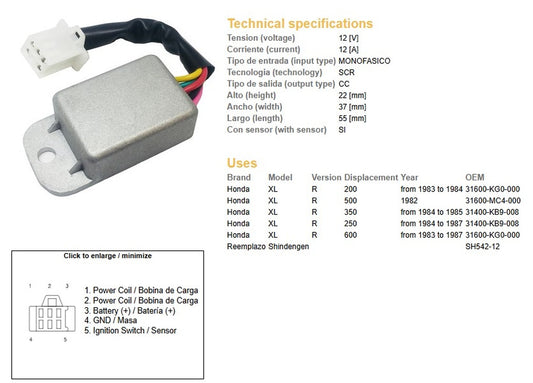 VOLTAGE REGULATOR HONDA XL 600 83-87 XL 500 82 XL 350R 84-85 XL 250R 84-87 XL 200R 83-84 (ESR670)