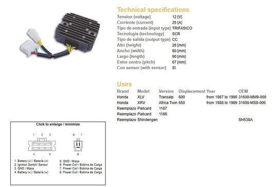 VOLTAGE REGULATOR HONDA XL 600V 87-90 XRV 650 AFRICA TWIN 88-89 (SH538A), (RGU-144, ESR640), (31600-MM9-000) (31600-MS8-000)