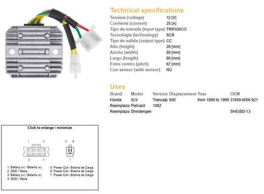 VOLTAGE REGULATOR HONDA XL 600V TRANSALP 89-99 (SH 538D-13 ESR640 RGU-144)