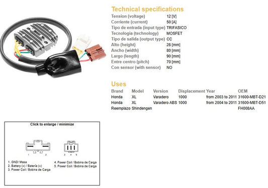 VOLTAGE REGULATOR HONDA XL1000V VARADERO 03-11 (31600-MBT-D21) MOSFET (50A) (FH008AA)