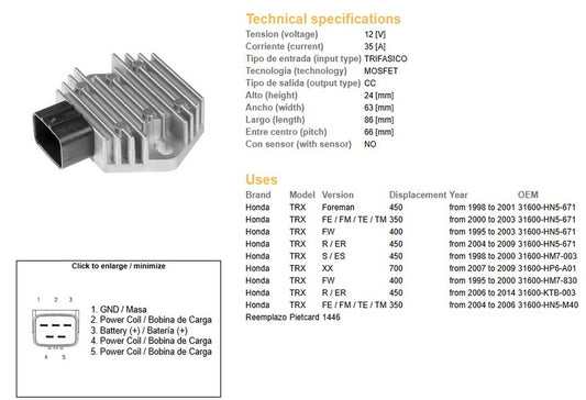 VOLTAGE REGULATOR HONDA TRX 450 FOREMAN 98-14 TRX 400FW 95-03 TRX 350FE/FM/TE/TM 00-06 (ESR583) (31600-HN5-671) (35A)