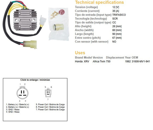 VOLTAGE REGULATOR HONDA XRV 750 AFRICA TWIN 92 (31600-MV1-941) (35A)