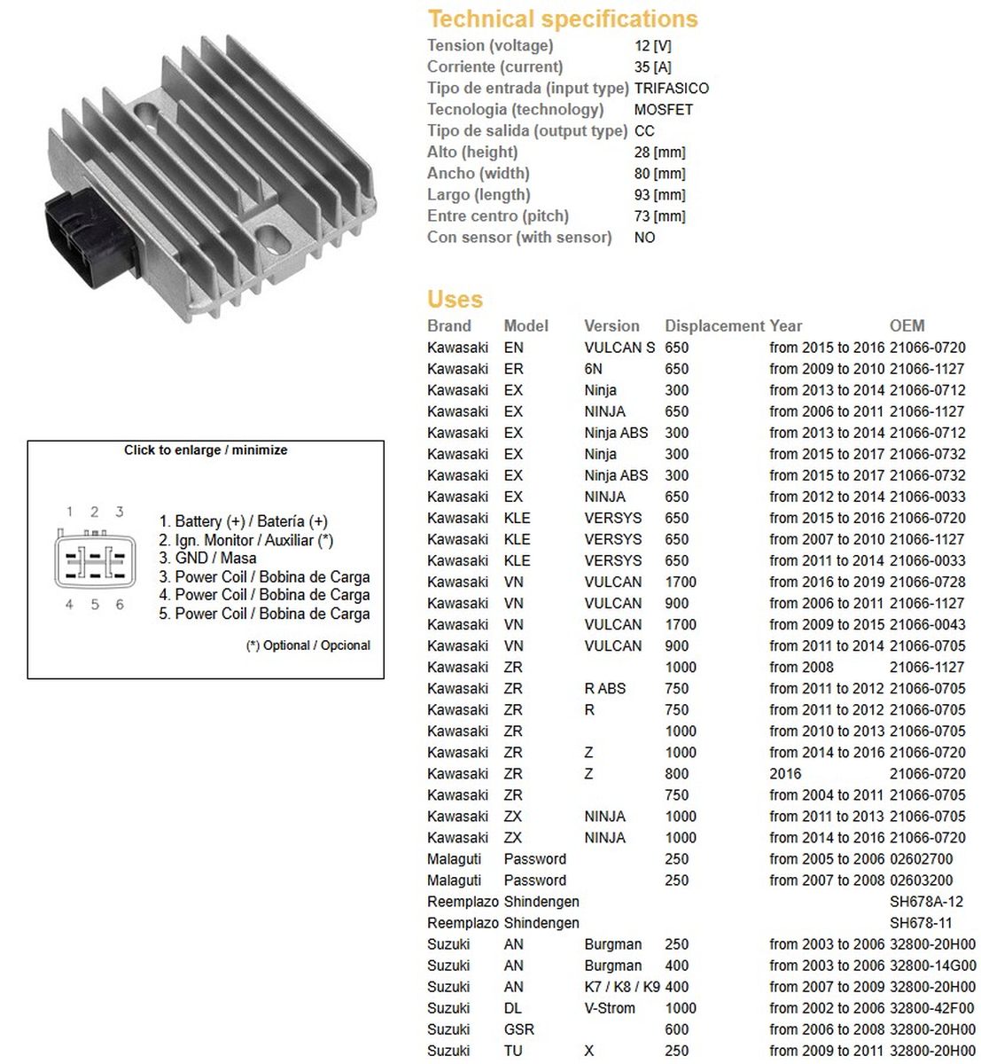 VOLTAGE REGULATOR KAWASAKI VN 1700/900 06-19 ZR 1000/800/750/400/300/250 04-16 EX 1000/800/750/650/300 NINJA 06-17 KLE 650 VERSYS 07-16 SUZUKI DL 1000 02-06 AN 400/250 03-06 UH 200/150/125 07-14 YAMAHA VX 1700 05-07 TMAX 500 09-11 (ESR444 ESR161)