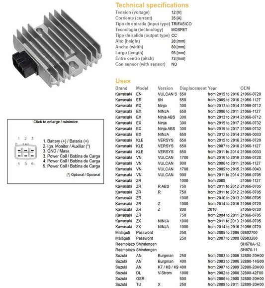 VOLTAGE REGULATOR KAWASAKI VN 1700/900 06-19 ZR 1000/800/750/400/300/250 04-16 EX 1000/800/750/650/300 NINJA 06-17 KLE 650 VERSYS 07-16 SUZUKI DL 1000 02-06 AN 400/250 03-06 UH 200/150/125 07-14 YAMAHA VX 1700 05-07 TMAX 500 09-11 (ESR444 ESR161)