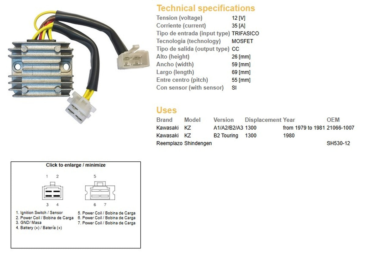VOLTAGE REGULATOR KAWASAKI KZ1300A/B 79-81 (21066-1007) (SH530-12) (ESR470)
