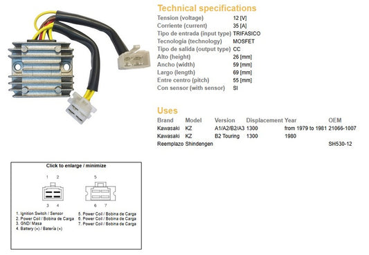 VOLTAGE REGULATOR KAWASAKI KZ1300A/B 79-81 (21066-1007) (SH530-12) (ESR470)