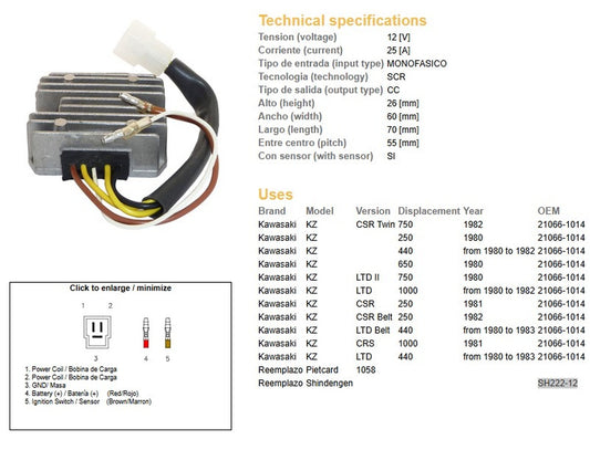 VOLTAGE REGULATOR KAWASAKI KZ 1000LTD 80-83 KZ 750 80 KZ 650 80 KZ 440LTD 80-83 KZ 250 80 (SH222-12)