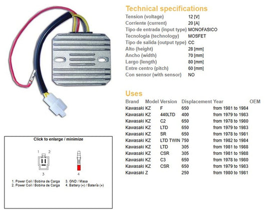 VOLTAGE REGULATOR KAWASAKI KZ 750LTD 82-84 KZ 650F 81-84 KZ 440LTD 79-93 (SINGLE PHASE)