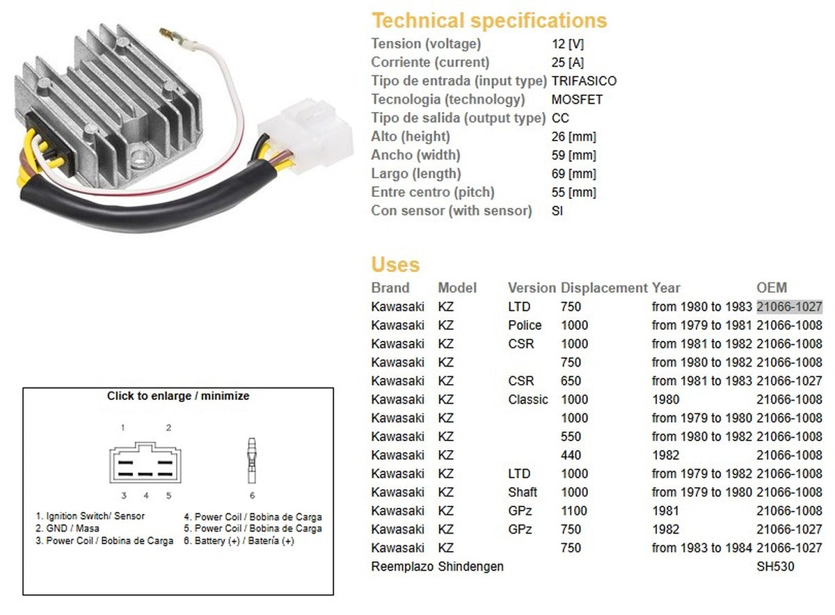VOLTAGE REGULATOR KAWASAKI KZ1000/1100/750/650/550 (ESR370,SH530-12K,21066-1008,RGU-406)