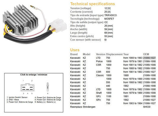 VOLTAGE REGULATOR KAWASAKI KZ1000/1100/750/650/550 (ESR370,SH530-12K,21066-1008,RGU-406)