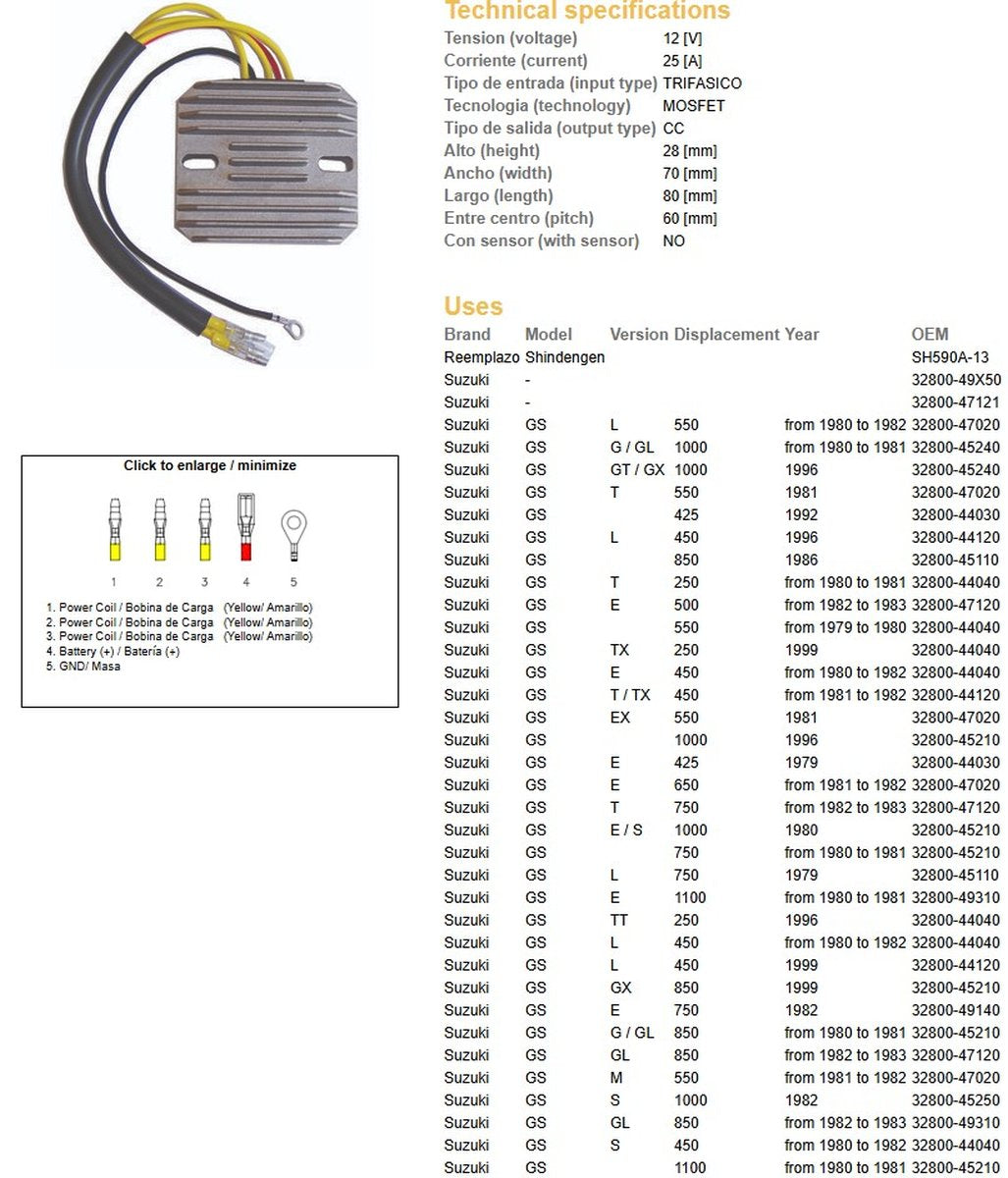 VOLTAGE REGULATOR SUZUKI GSX 1100/1000/750/400 GS 1000/750/650/550/450/400/250 (ESR100,ESR090)