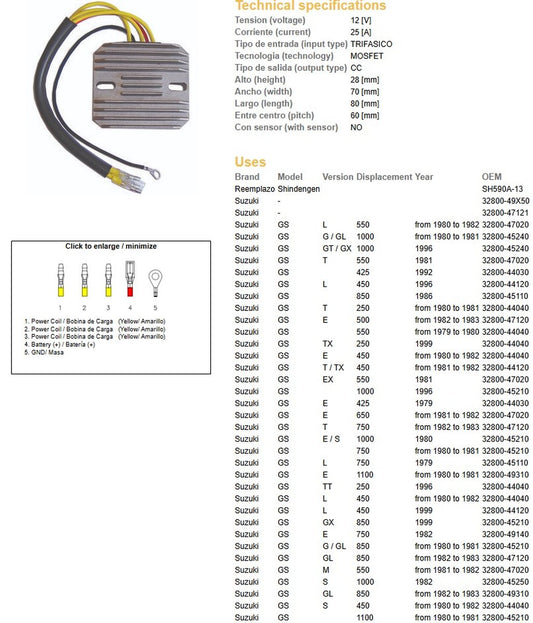 VOLTAGE REGULATOR SUZUKI GSX 1100/1000/750/400 GS 1000/750/650/550/450/400/250 (ESR100,ESR090)