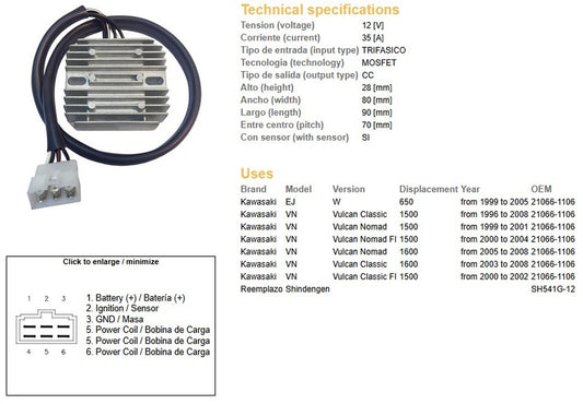 VOLTAGE REGULATOR KAWASAKI VN 1600 00-08 VN 1500 VULCAN 96-08 W 650 99-05 (21066-1106) (ESR264) (SH541G-12)