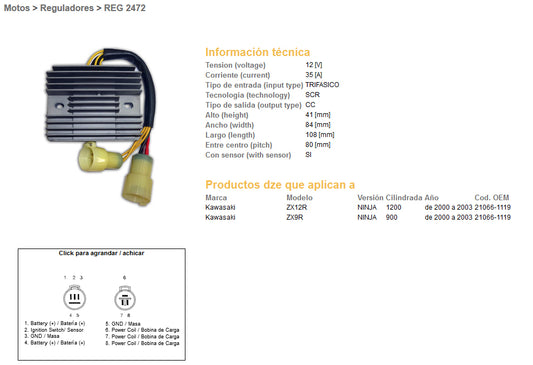 VOLTAGE REGULATOR KAWASAKI ZX 12R 00-03 ZX 9R 00-03 (35A) (21066-1119) (ESR516)