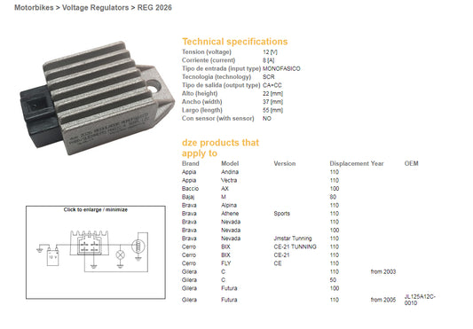 VOLTAGE REGULATOR KYMCO 50 AGILITY PEOPLE SUPER 9 TOP BOY (12V/8A) (ESR019)