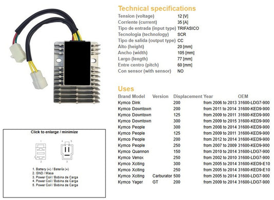 VOLTAGE REGULATOR KYMCO XCTING 500 06-11 XCTING 250 06-11 PEOPLE 250 07-14 PEOPLE 200 07-14 PEOPLE 125 07-14 DINK 200 06-13 (ESR921)