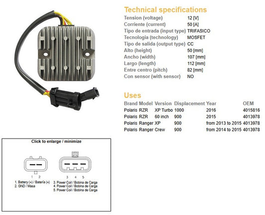 VOLTAGE REGULATOR POLARIS RZR 1000 15 RZR 900 15 RANGER 900 13-15 (50A) (4013978) (ESR829)