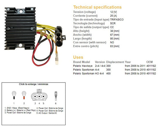 VOLTAGE REGULATOR POLARIS SPORTSMAN 400 08-10 SPORTSMAN 300 08-10 HAWKEYE 300 06-11 (4011182)