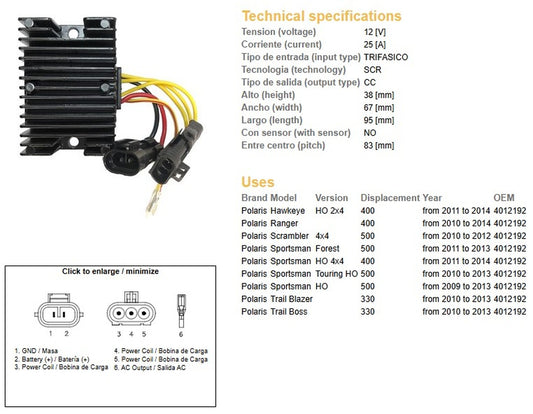 VOLTAGE REGULATOR POLARIS TRAIL BLAZER 330 10-13 TRAIL BOSS 330 10-13 RANGER 400 10-14 SPORTSMAN 400/500 11-14 SCRAMBLER 500 10-12 (4012192)