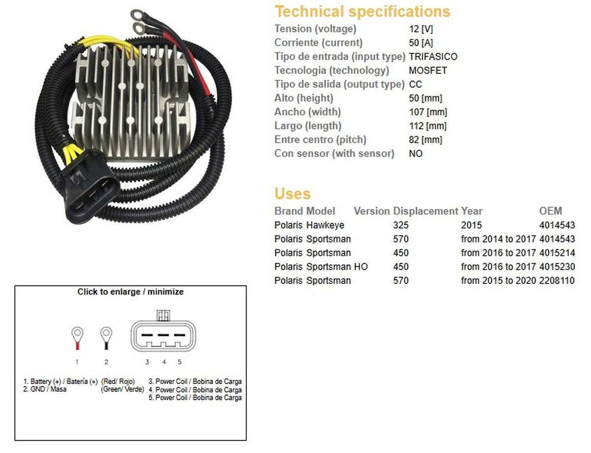VOLTAGE REGULATOR POLARIS SPORTSMAN 570 14-20 450 16-17 HAWKEYE 325 15 (4014543 4015214 4015230) (50A)