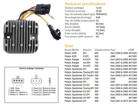 VOLTAGE REGULATOR POLARIS SPORTSMAN EFI 800 RANGER EFI 800 SPORTSMAN EFI 700 RANGER EFI 700 SPORTSMAN EFI 500 RANGER EFI 500 (12V/35A) (4012384, 4011569, 4011925) (ESR826)