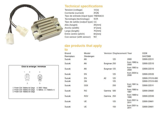 VOLTAGE REGULATOR SUZUKI AN 250 BURGMAN 95-00 AN 125 BURGMAN 95-00 EN 125 GN 125 UE 125/150 01-11 (32800-22D11, 32800-22D10, 32800-37G10-000) 12V/20A